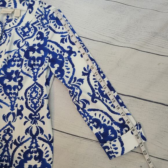 Chico's Size 0 Indigo Ink Alicia jacket Blue White Print Lightweight Clasp Close - Picture 9 of 9